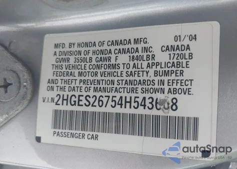 2004 Honda Civic Ex from USA, damaged, VIN 2HGES26754H543668